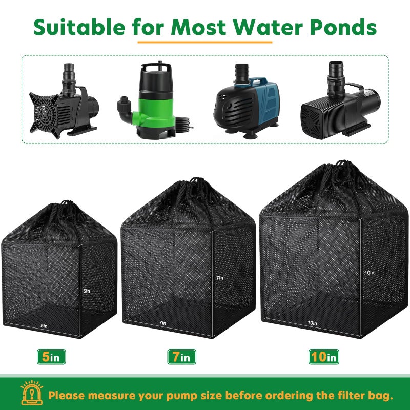 Hecaty Pond Filter Bag, Pump Barrier Bag, Anti-Clogging Cube Filter Box, Black Media Bag Pump Mesh Bag for Outdoor Water Fish Ponds (10""x 2 pack) - Image 4